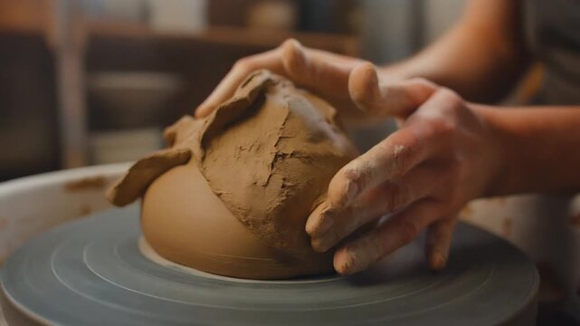 Traditional Craftsmanship: Hands Molding Raw Clay into Handmade Pottery