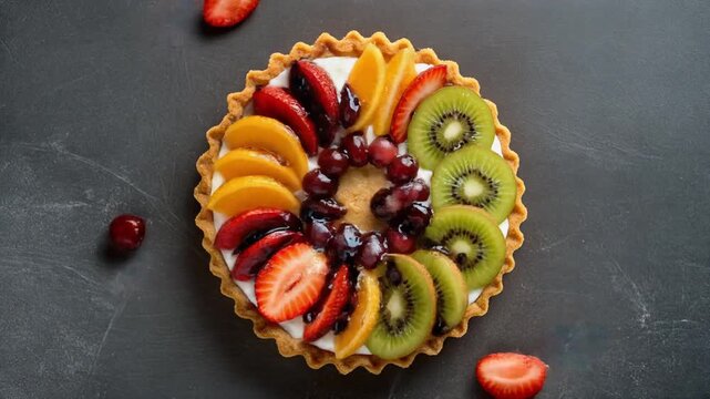 Time-Lapse Overhead Shot of Making a Colorful Mixed Fruit Pie Dessert