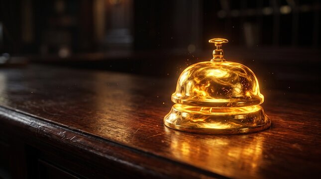 A glowing golden concierge bell rests on a dark mahogany desk, symbolizing Common Courtesy Day, B2B client relations, and white-glove service.