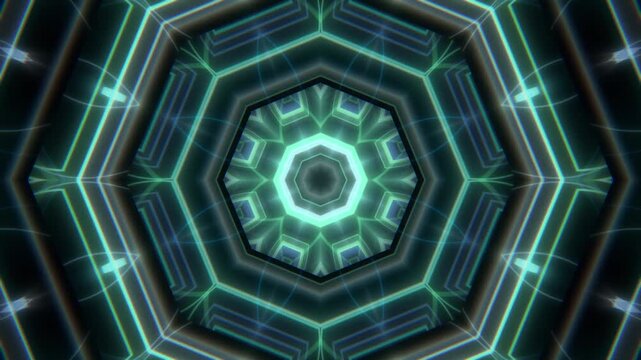 Teal and mint green kaleidoscope mandala through fluted glass with neon refracted light, night geometric VJ background, seamless loop