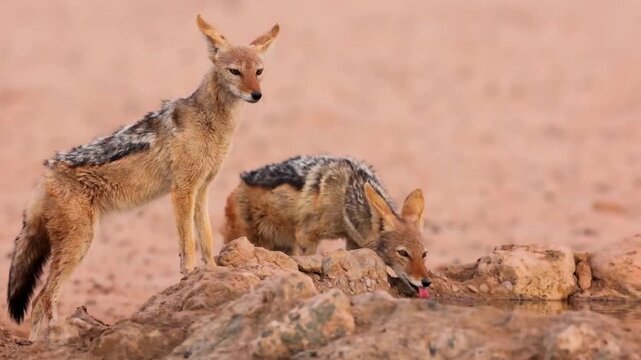 Two black backed jackals drinking water from a puddle in the desert