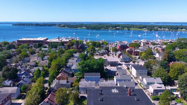 Town of Bristol Marina and Maritime Center aerial view at 127 Thames Street at Bristol Harbor, town of Bristol, Rhode Island RI, USA. 