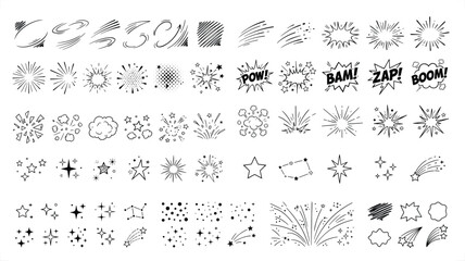 Comic Book Action Effects and Stars vector illustration featuring hand drawn explosions and speed lines for design © Graphic Seller