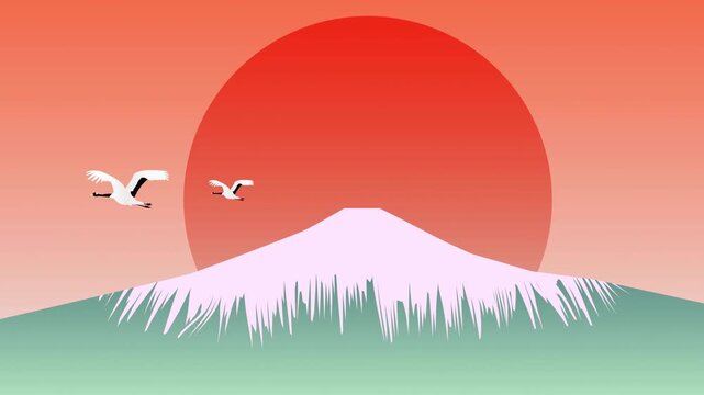 Mount Fuji and Cranes at Sunrise 4K