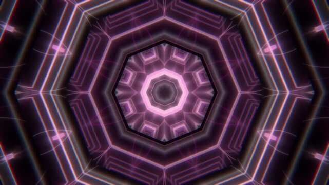 Plum pink and mauve kaleidoscope mandala through fluted glass with glowing refracted light, moody geometric VJ background, seamless loop
