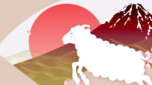 Sheep with Mount Fuji and Red Sun 4K