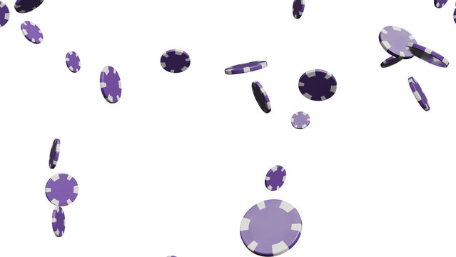 3D Render of falling purple casino chips on a white background