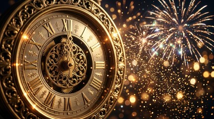Obraz premium Ornate clock face with Roman numerals against festive fireworks and bokeh lights backdrop
