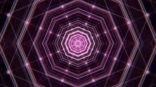 Plum pink and mauve glowing kaleidoscope mandala with laser lines and symmetrical light, moody psychedelic VJ background, seamless loop