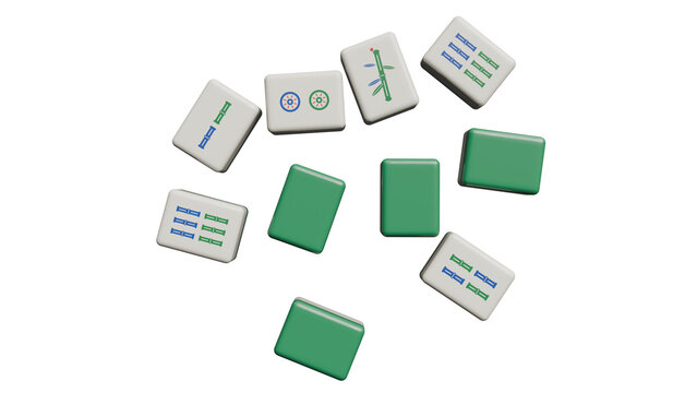 3D Render of scattered green and white Mahjong tiles on a white background