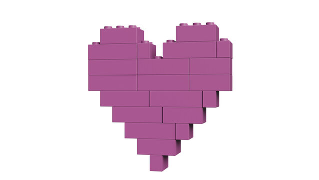 3D Render of a pink heart made from building blocks against a white background.