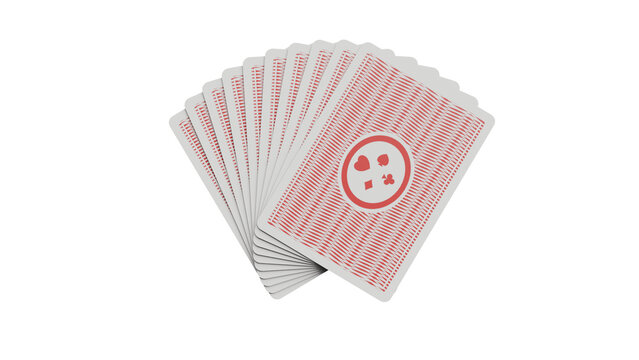 3D Render of a fanned deck of playing cards with a circular design on the back, showcasing red stripes.