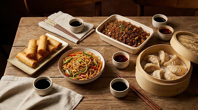 Assorted asian food including noodles, dumplings, and spring rolls served on a rustic wooden table. chinese takeout