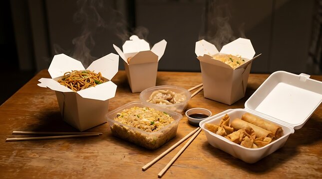 Assorted asian takeout food in paper boxes and containers on a wooden table. chinese takeout