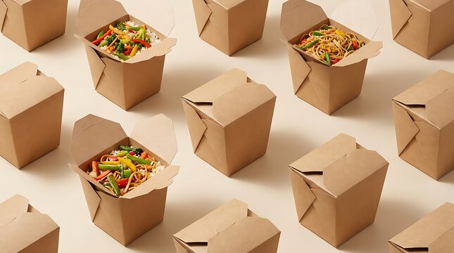 Pattern of brown cardboard takeout boxes with delicious asian noodles and vegetables. chinese takeout