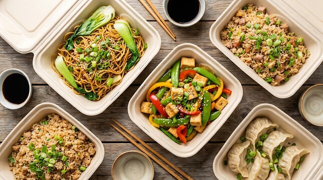 Assorted chinese takeaway food containers with noodles rice and dumplings on a rustic wooden table. chinese takeout