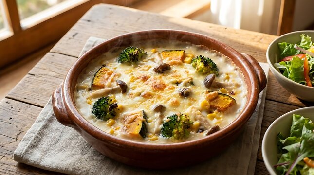 Creamy vegetable stew with broccoli and mushrooms in a rustic ceramic bowl on a wooden table. Japanese Asian gratin