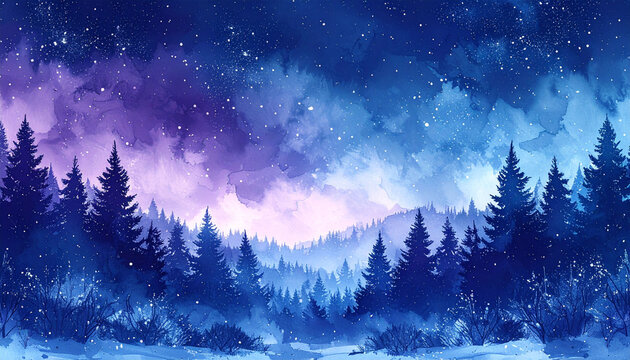 水彩タッチで描かれた夜空に輝く星と雪が降り積もる幻想的な針葉樹の森の風景イラスト　上下に文字を配置しやすいコピースペースがあり、深い青と紫のグラデーションが美しい落ち着いた雰囲気の横長背景素材　冬のイベント告知やクリスマスカード、ウェブサイトのヘッダー、SNSの背景、プレゼン資料の表紙、手紙の装飾に使えるデザイン