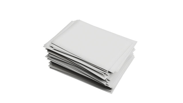 3D Render of a stack of blank papers arranged neatly on a white background.