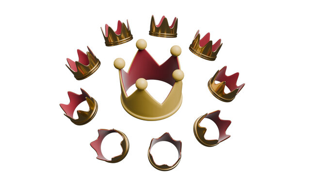 3D Render of a collection of decorative crowns in various styles arranged in a circular pattern.