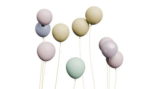 A colorful arrangement of pastel 3D render balloons with varying sizes and shapes against a white background.
