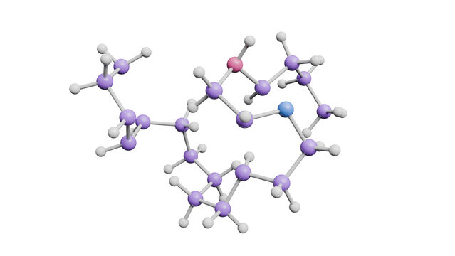 3D Render of a complex molecular structure with interconnected atoms and bonds on a white background