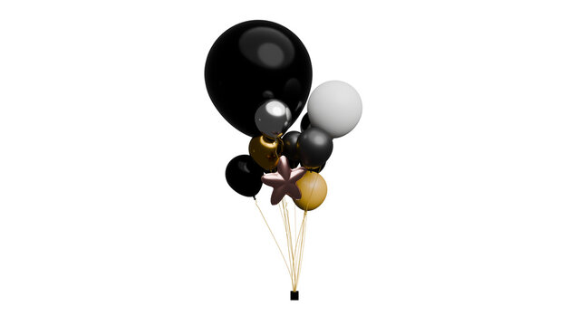 A 3D Render of a cluster of colorful balloons in various shapes and sizes against a white background.
