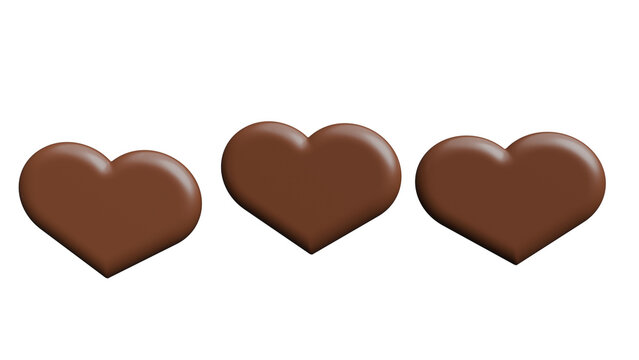 3D Render of three chocolate hearts on a white background.