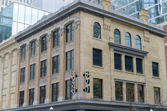 historic facade of mid-Victorian Commercial Elgin Block located at 132 Yonge St at Temperance (today site of Sud Forno) - building integrated into Bay Adelaide Centre complex, Toronto