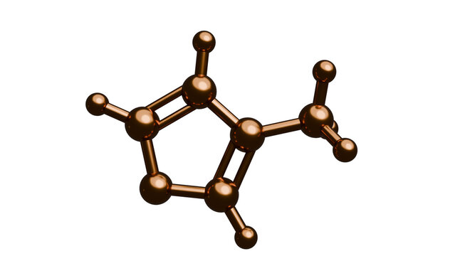3D Render of a molecular structure with interconnected atoms represented in a copper-like finish.