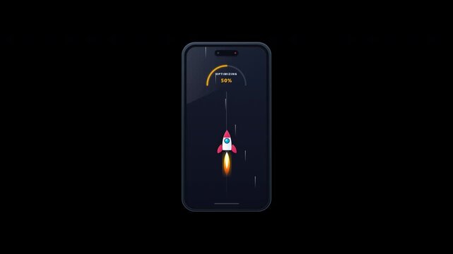 Smartphone speed booster app interface with cartoon rocket launch on dark screen, showcasing mobile performance optimization and system cleaning concept.