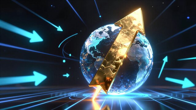 A glowing, metallic earth globe with an upward arrow and light effects.