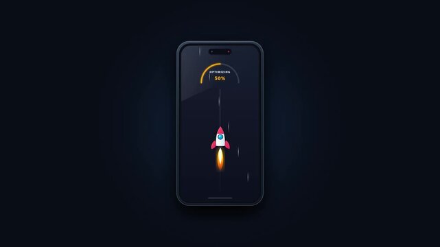 Smartphone mockup showing system slow warning with rocket icon on dark screen, conceptualizing mobile app speed test and device performance optimization.