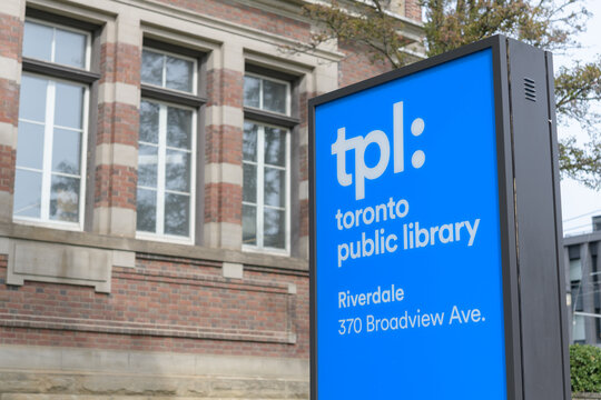 new tpl: toronto public library signage outside Riverdale,  370 Broadview Av, Toronto