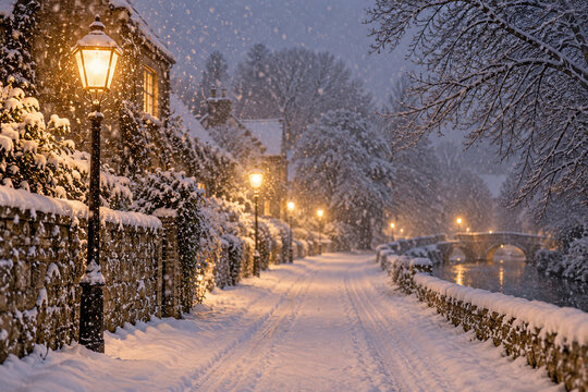 Golden Lanterns Glow Along Snowy Riverside Lane