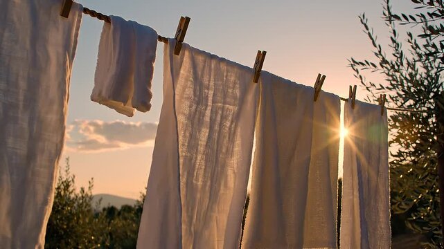 White laundry sheets hanging neatly on a clothesline during a warm sunset.
