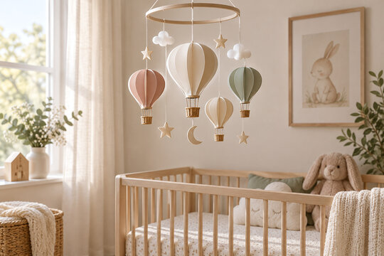 Whimsical Paper Balloon Mobile Above Cozy Nursery Crib