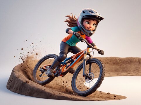 Stylized 3D Girl Drifting Mountain Bike on Dirt Berm Corner