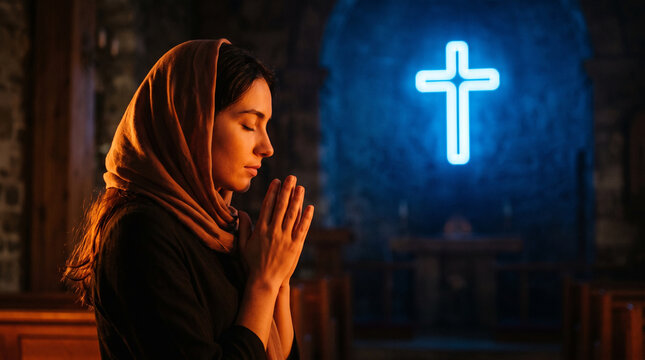 Devout Woman Praying with Headscarf in Church Before Glowing Neon Blue Cross