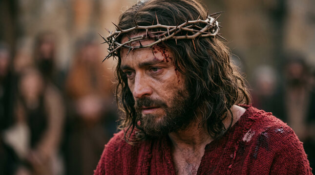 Jesus Christ in Red Robe with Crown of Thorns Bleeding Before Crowd