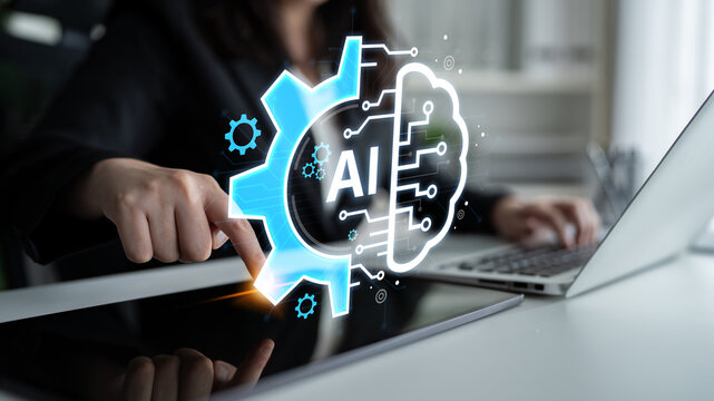 Concept of Artificial Intelligence combining industrial automation with cognitive technology. A machine learning brain processes information to optimize mechanical systems and workflows. Fermion