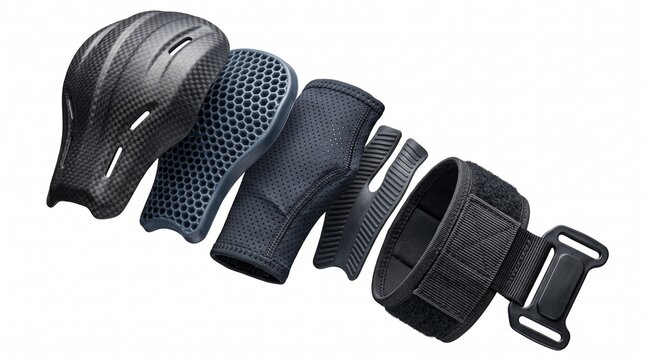 Knee Shin Guard - 3D illustration of Exploded view of a black knee and shin guard for
martial arts