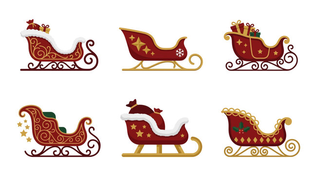 Vintage Christmas sleigh set, six ornate red and gold vector sleds, holiday Santa transport graphics, classical wintertime decor elements isolated on White Background