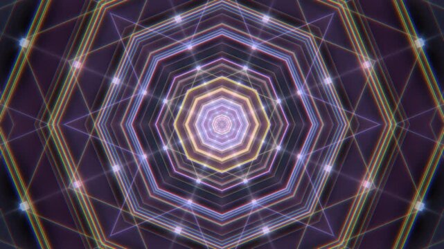 Pastel pink and lilac glowing kaleidoscope mandala with laser lines and symmetrical light, dreamy psychedelic VJ background, seamless loop