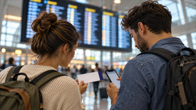 Young Couple of Travelers with Backpacks Checking Boarding Pass and Smartphone in Front of Flight Information Display at Airport Terminal