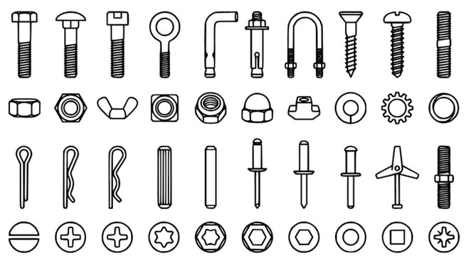 Fasteners and Mechanical Hardware Thin Line Icon Collection