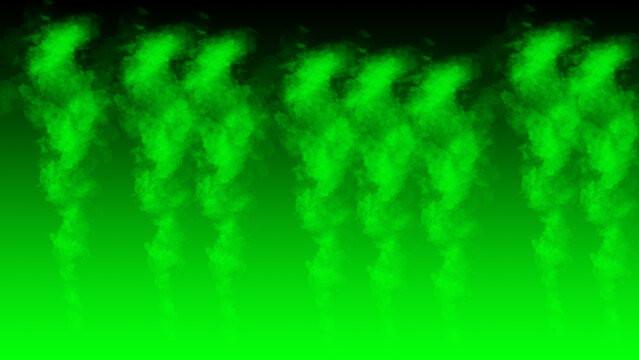 Bright green smoke columns rising against a dark gradient background