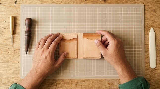 Craftsman hands working on a leather wallet on a wooden table, emphasizing skill, creativity, and dedication to handmade artistry.