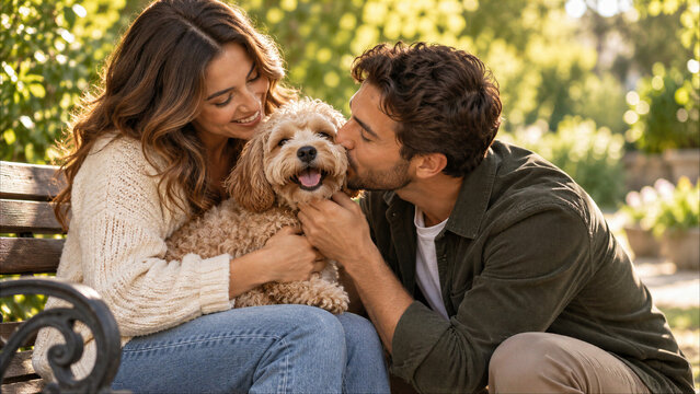 Affectionate Young Couple Sitting on a Park Bench Petting and Kissing Their Cute Small Dog on Sunny Day