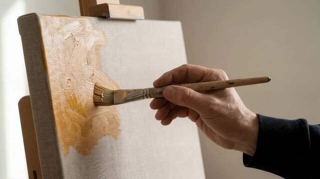 画筆の接触に沿ってキャンバスへ絵具を塗り重ねる手、絵画教室、アート制作、創造性、画材の紹介